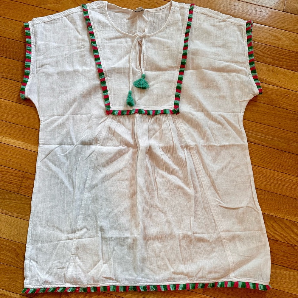 J. Crew White and Green Fringe Beach Tunic